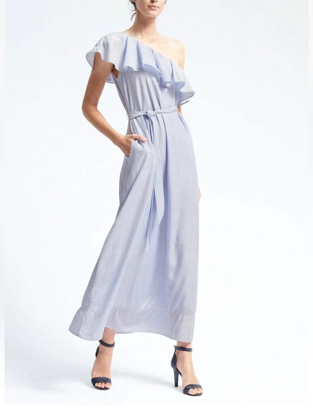 Banana Republic XS One-Shoulder Light Blue Stripe Maxi Dress with Ruffle